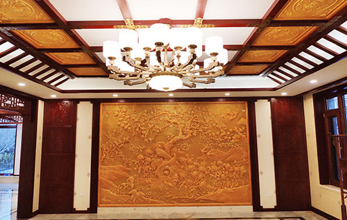 高阳中式别墅客厅中式木作横梁吊顶装饰展示